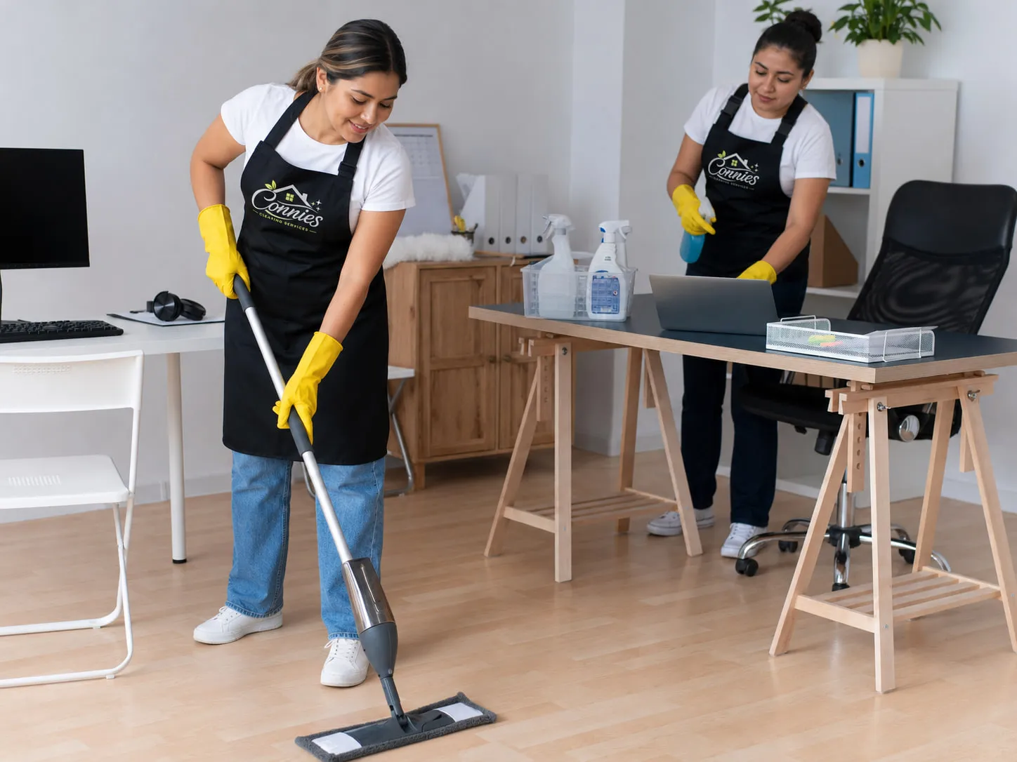 Two Connies team members cleaning an office — one mopping the floor, one wiping down a desk