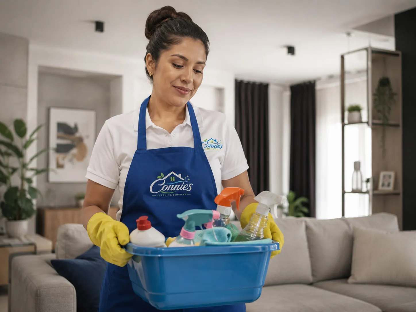 A Connies team member carrying a caddy of cleaning supplies into a client's living room