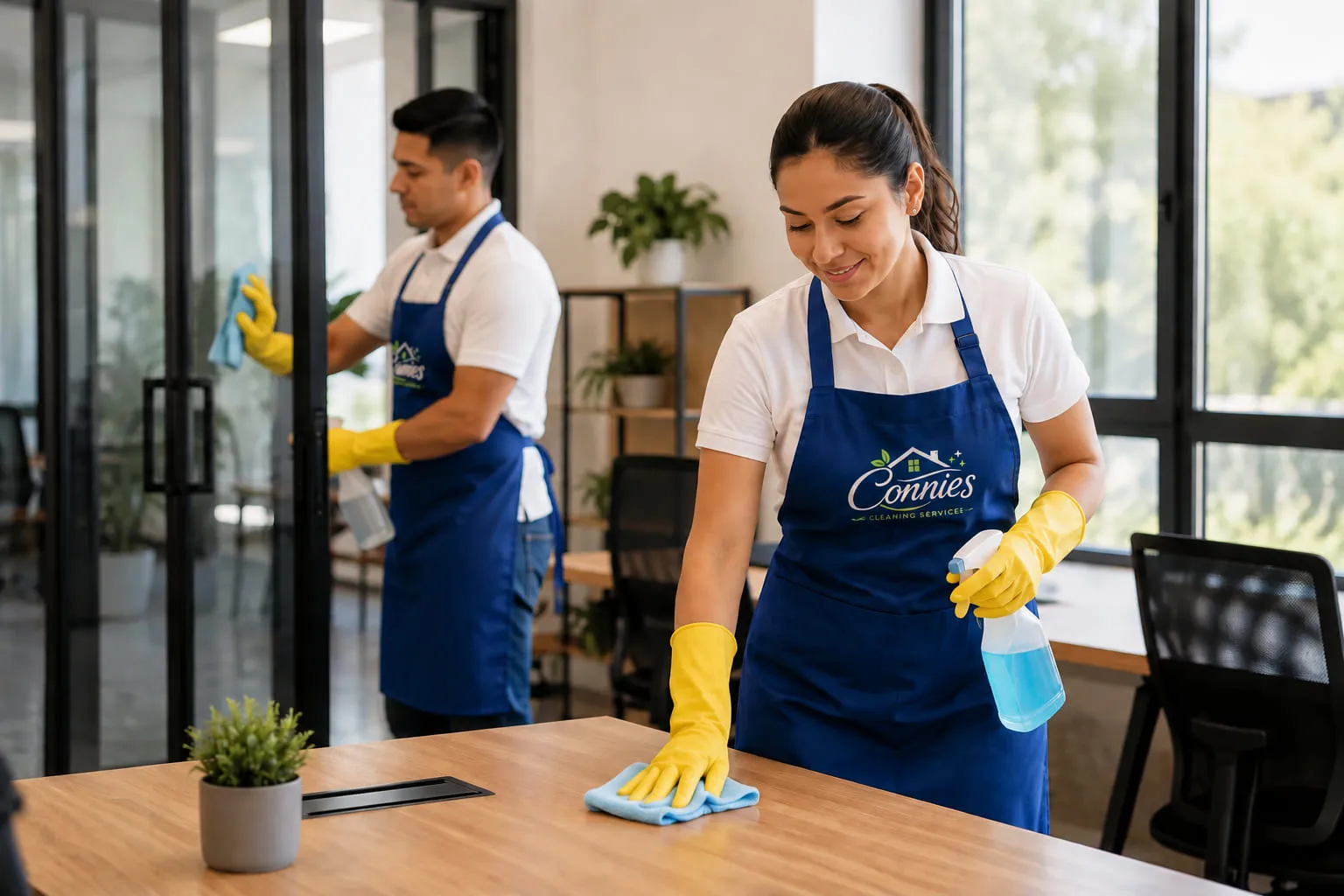 Two Connies team members cleaning an office — one wiping down a table, the other cleaning a glass partition