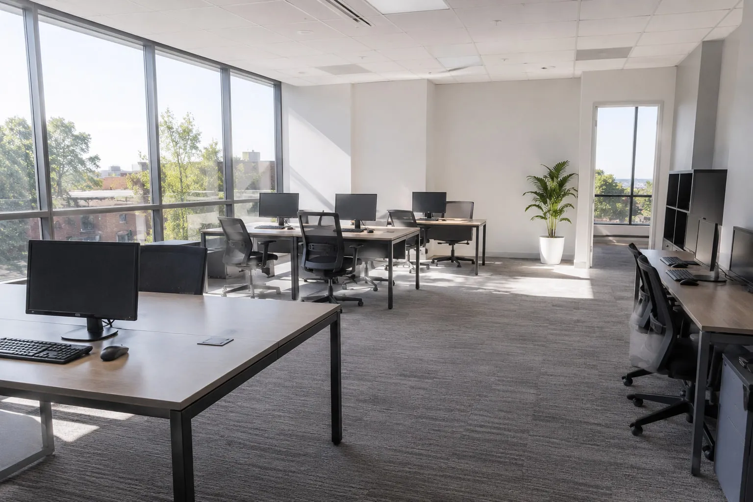 A bright open-plan office with clear desks, chairs pushed in, and clean carpet beside a wall of windows