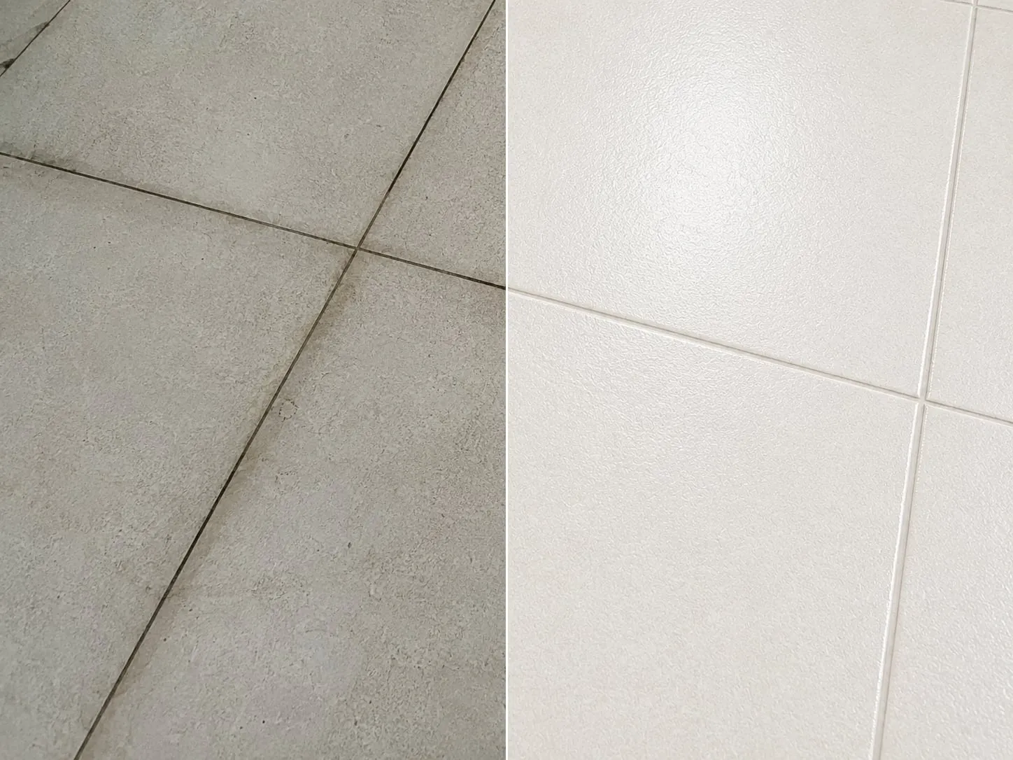 Split image of a tile floor — dull tiles and darkened grout on the left, bright and clean on the right