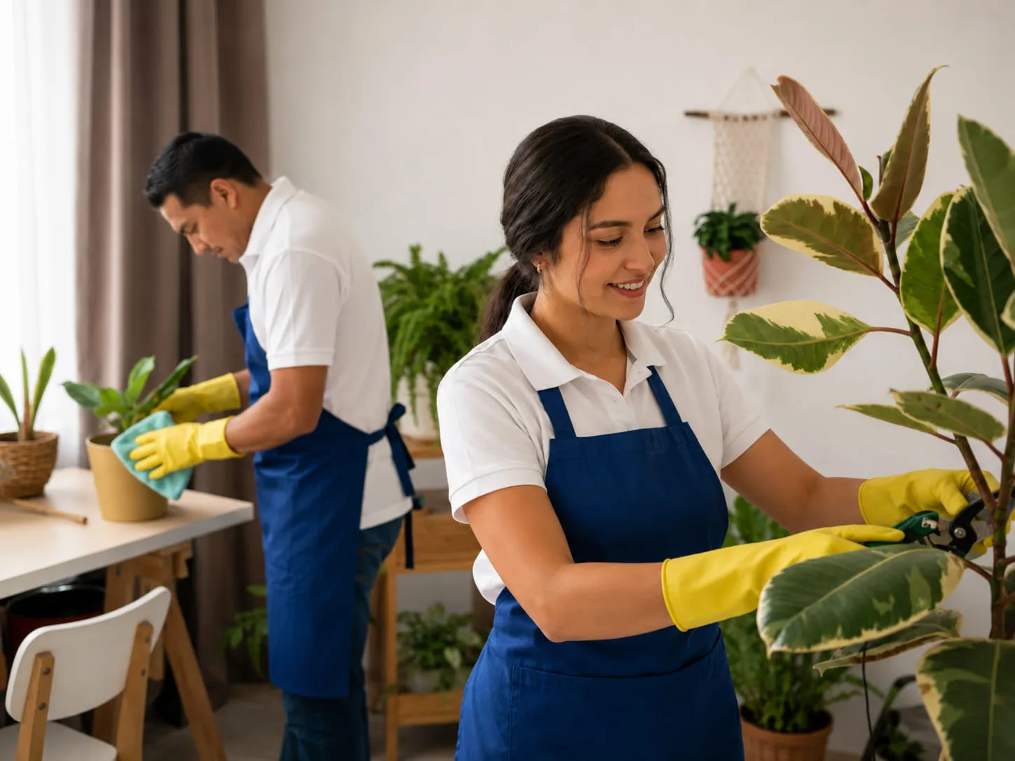 Two Connies team members at work in a bright, plant-filled room — one wiping down a table, one tending a rubber plant