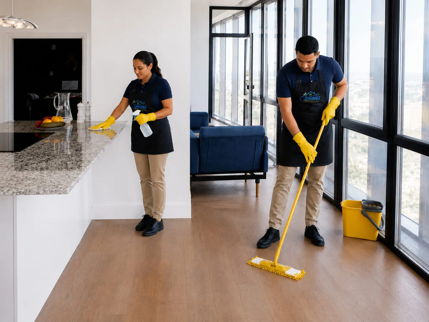 Two Connies team members cleaning a bright open-plan apartment — one wiping down the kitchen counter, the other mopping the floor