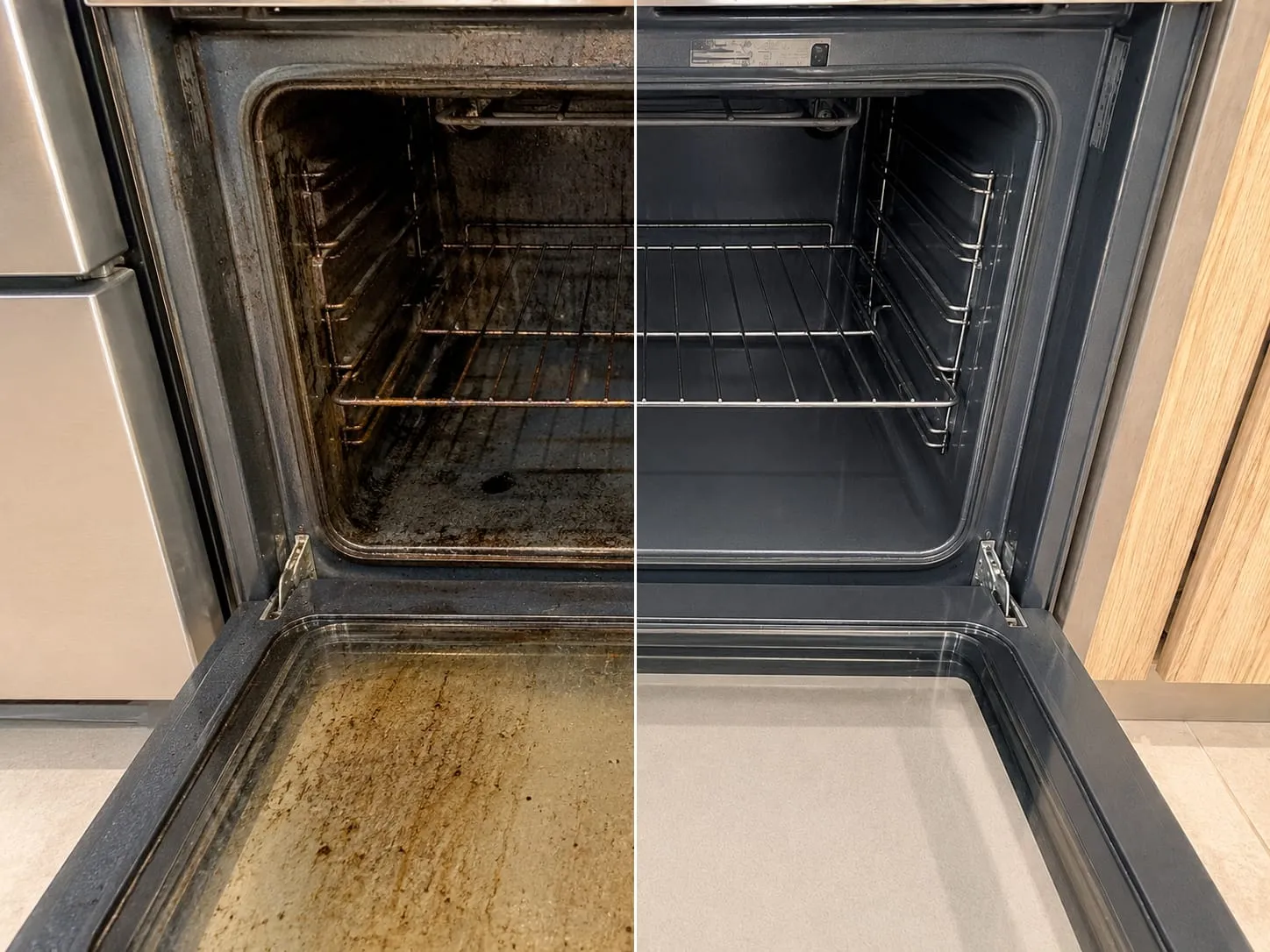 Split image of an oven interior — greasy and burnt-on on the left, clean on the right after a deep clean