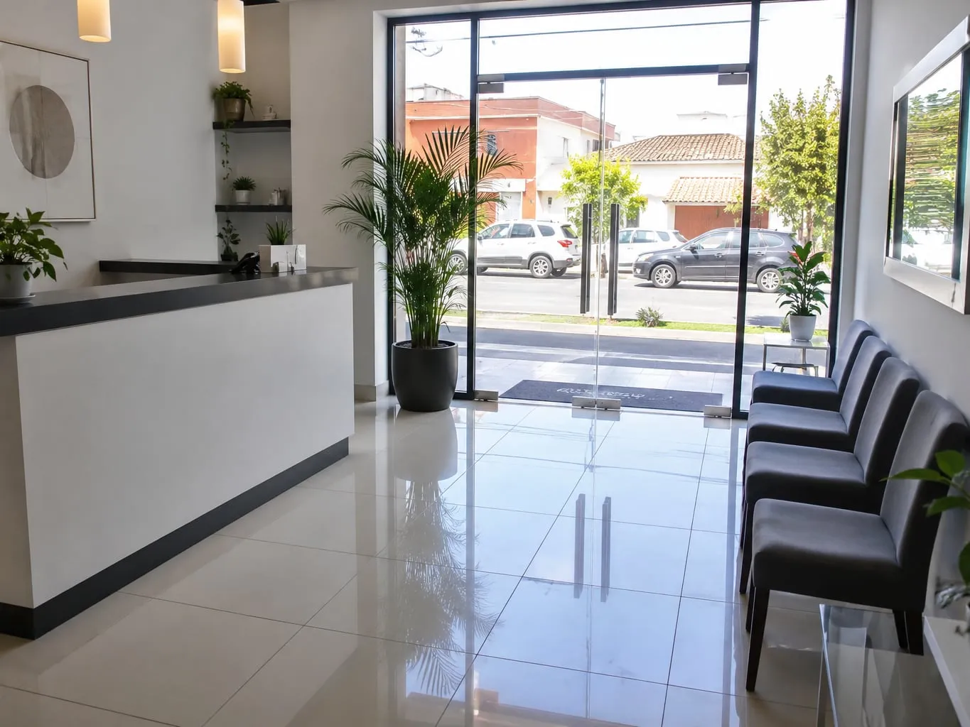 Clean reception desk and entry area of a small business