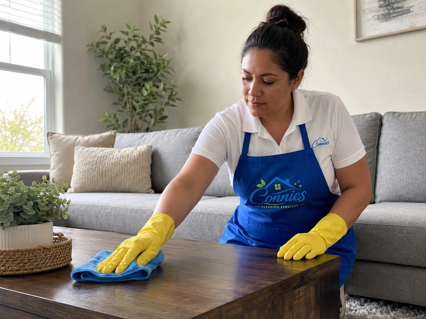 A Connies team member wiping down a coffee table in a bright living room with a microfiber cloth