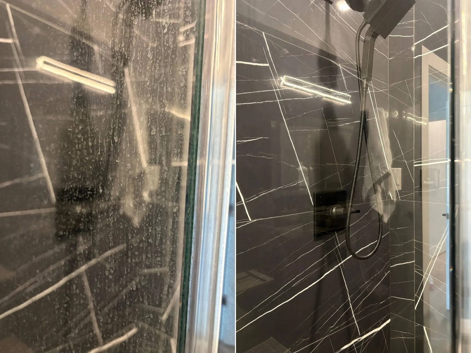 Split image of a shower glass panel — clouded with hard-water spots and soap scum on the left, clear enough to read the marble veining behind it on the right